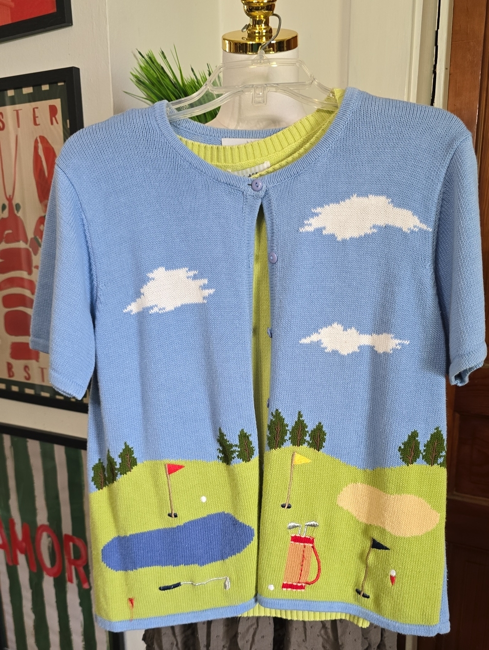 Marisa Christina Vintage Blue & Lime Golf Scene Cardigan Sweater